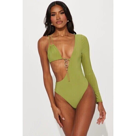 Olive One Shoulder Hardware Detail Bodysuit‎ Size S RefN10-2 - Picture 1 of 7